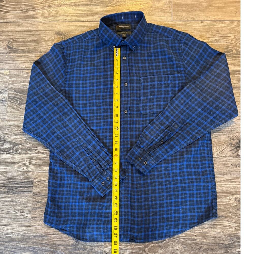 Banana Republic Mens Large Tall Blue Black Plaid Cotton Blend Button Down Shirt